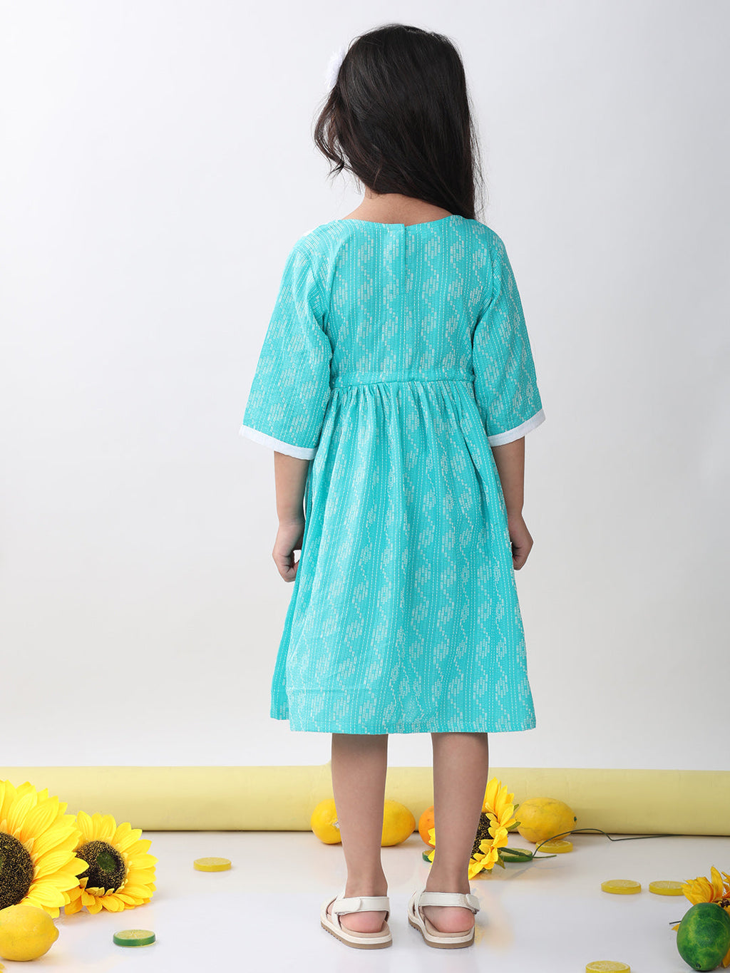 Green Katha Half Sleeves dress with hakoba patchwork at neck