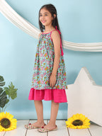 Blue cotton floral printed sleeveless layered dress