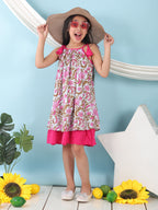 Pink cotton floral printed sleeveless layered dress