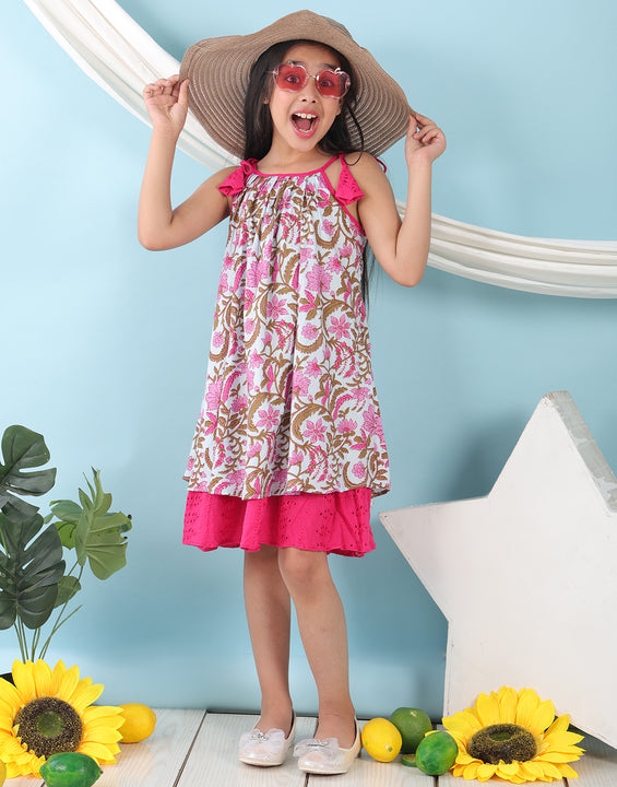 Pink cotton floral printed sleeveless layered dress