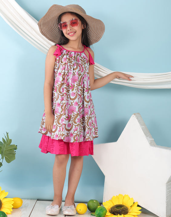 Pink cotton floral printed sleeveless layered dress