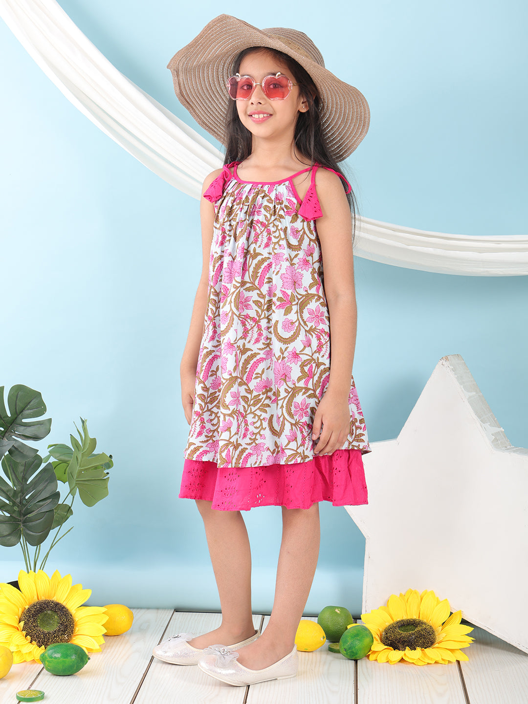 Pink cotton floral printed sleeveless layered dress