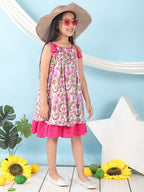 Pink cotton floral printed sleeveless layered dress