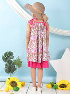 Pink cotton floral printed sleeveless layered dress