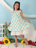 Blue cotton  printed sleeveless layered dress