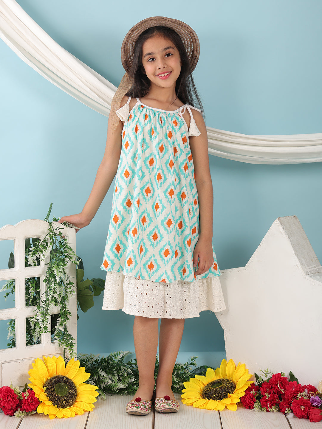 Blue cotton  printed sleeveless layered dress