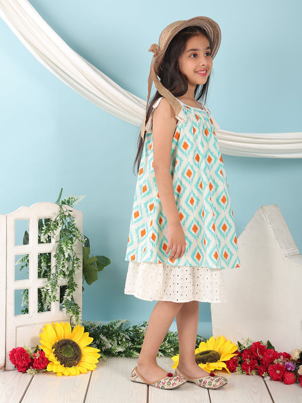 Blue cotton  printed sleeveless layered dress