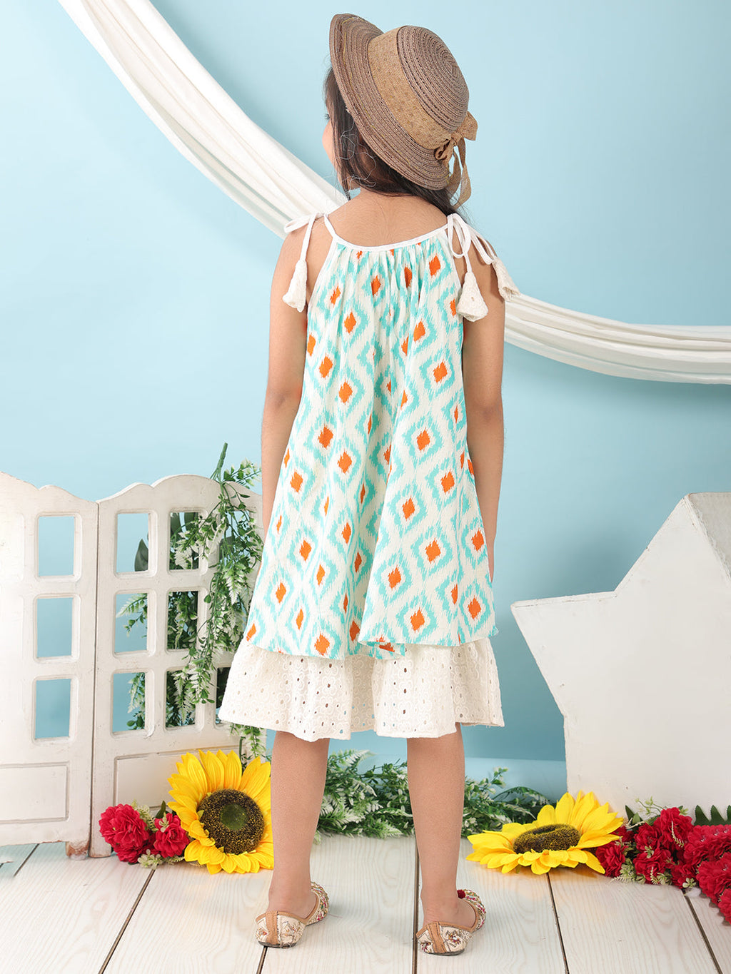 Blue cotton  printed sleeveless layered dress