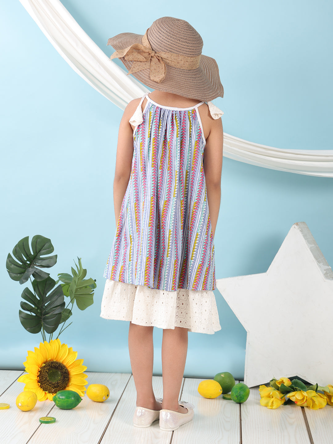 Blue cotton stripped printed sleeveless layered dress