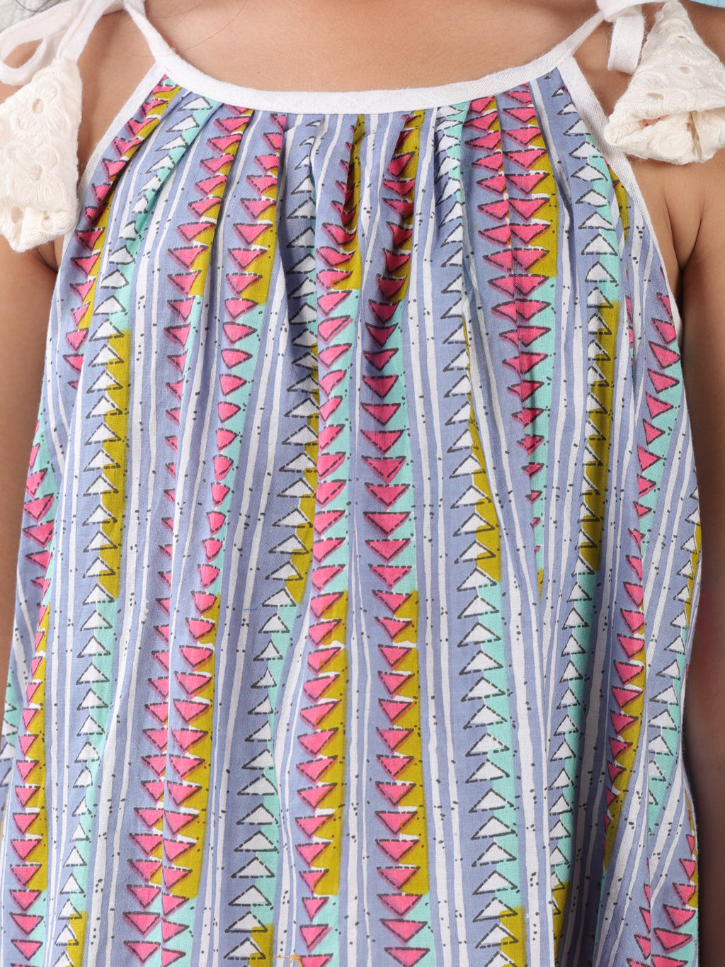 Blue cotton stripped printed sleeveless layered dress
