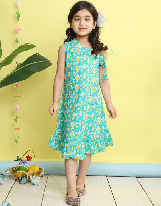 Green cotton fish printed sleeveless one shoulder dress