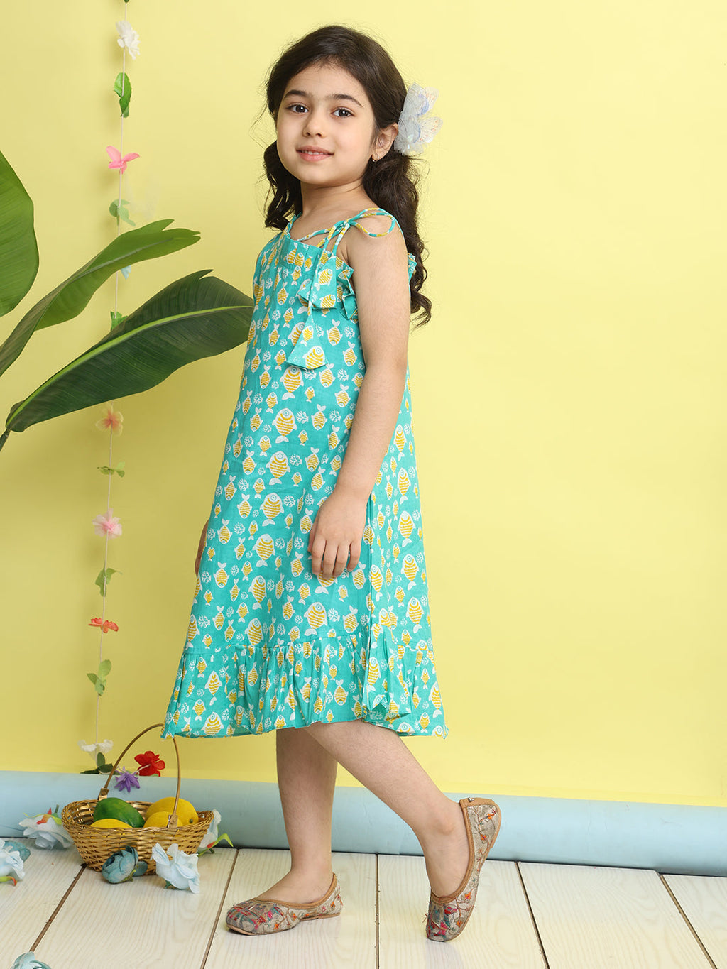 Green cotton fish printed sleeveless one shoulder dress