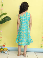 Green cotton fish printed sleeveless one shoulder dress