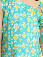 Green cotton fish printed sleeveless one shoulder dress