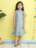 Green cotton floral printed sleeveless one shoulder dress