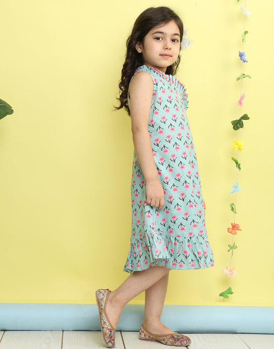 Green cotton floral printed sleeveless one shoulder dress