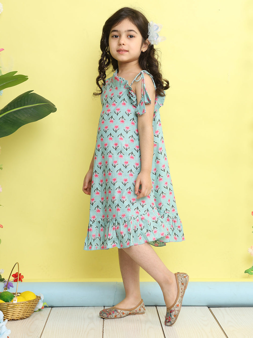 Green cotton floral printed sleeveless one shoulder dress