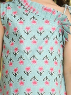 Green cotton floral printed sleeveless one shoulder dress
