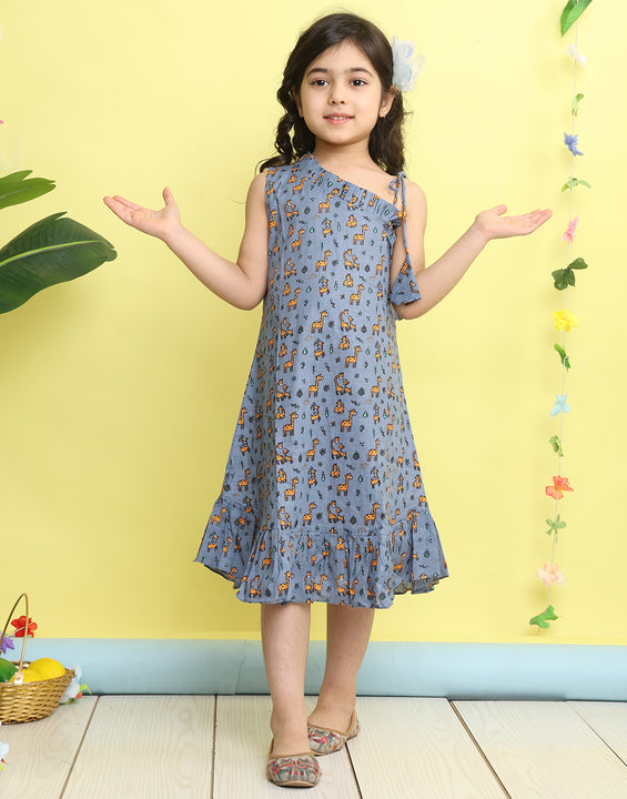Grey cotton animal printed sleeveless one shoulder dress