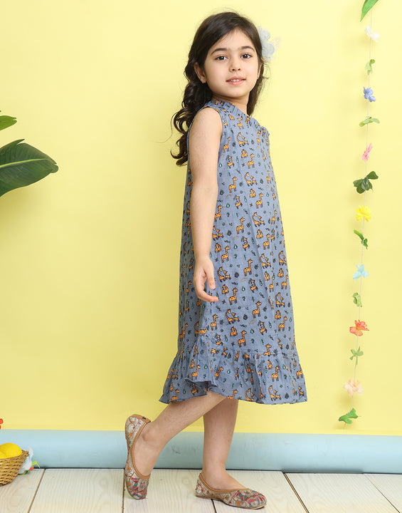 Grey cotton animal printed sleeveless one shoulder dress