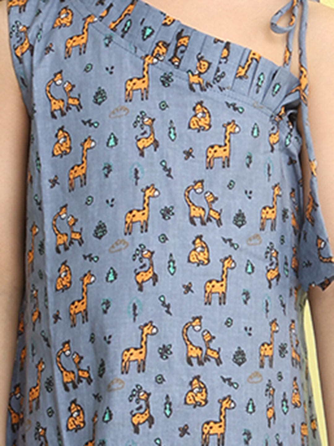 Grey cotton animal printed sleeveless one shoulder dress