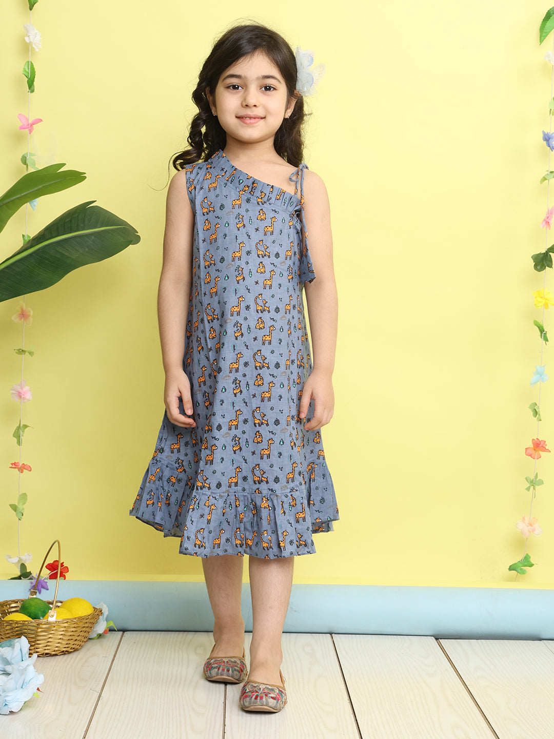 Grey cotton animal printed sleeveless one shoulder dress