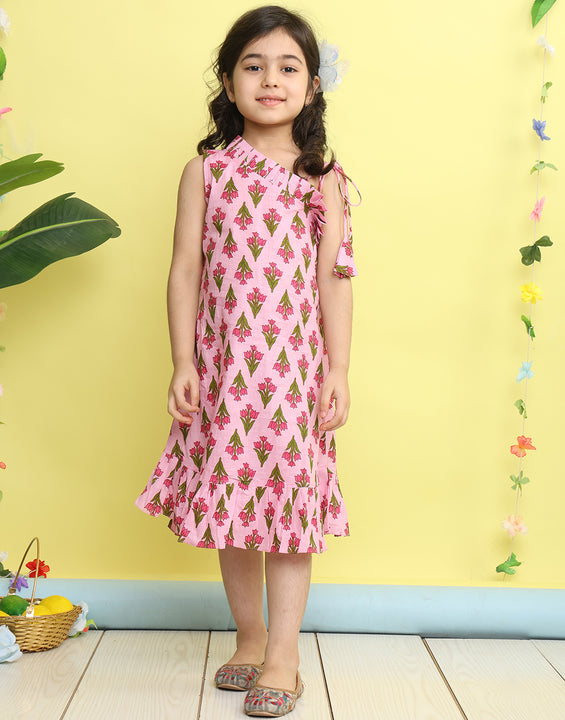 Pink cotton floral printed sleeveless one shoulder dress
