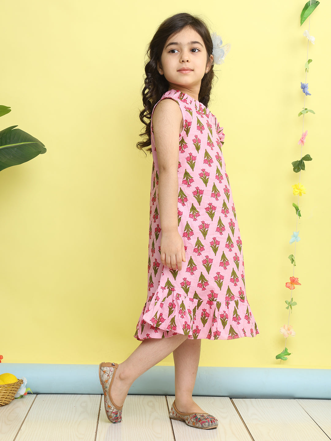 Pink cotton floral printed sleeveless one shoulder dress