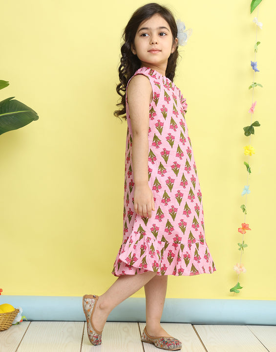 Pink cotton floral printed sleeveless one shoulder dress