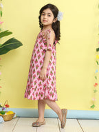 Pink cotton floral printed sleeveless one shoulder dress