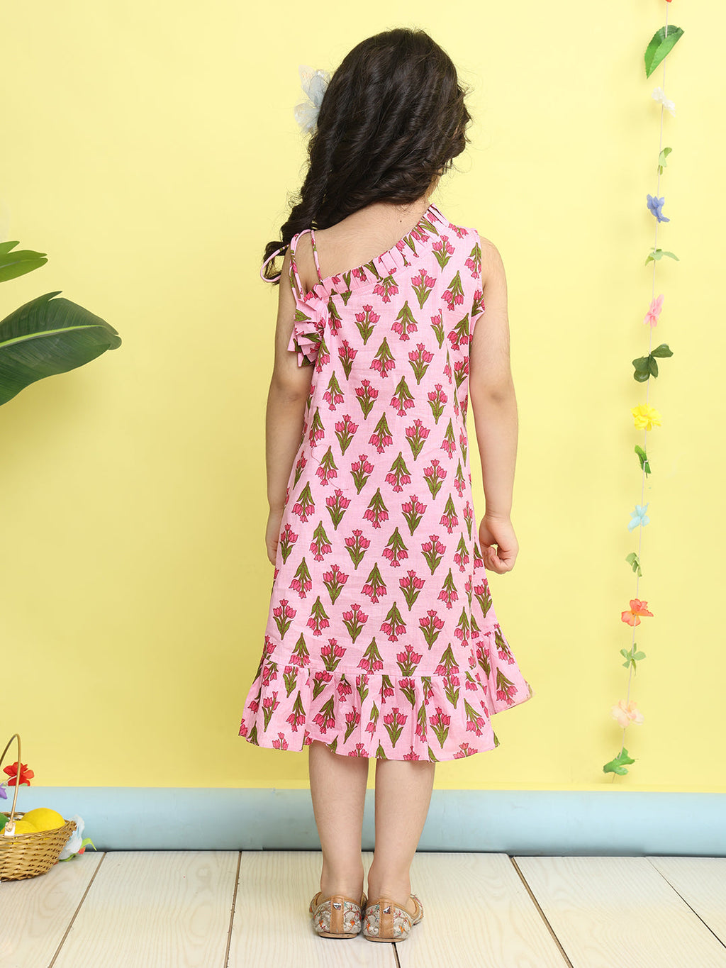 Pink cotton floral printed sleeveless one shoulder dress