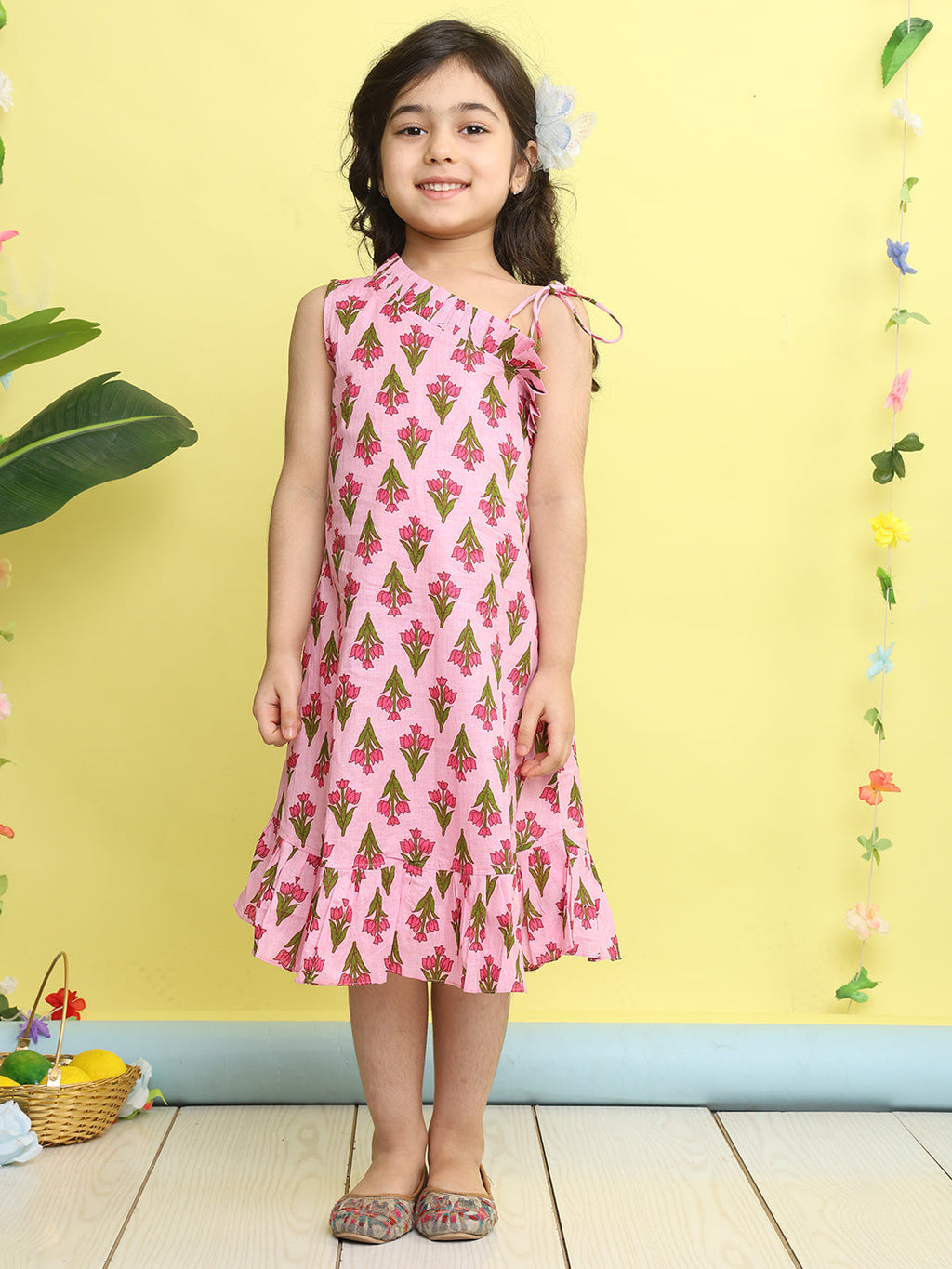 Pink cotton floral printed sleeveless one shoulder dress