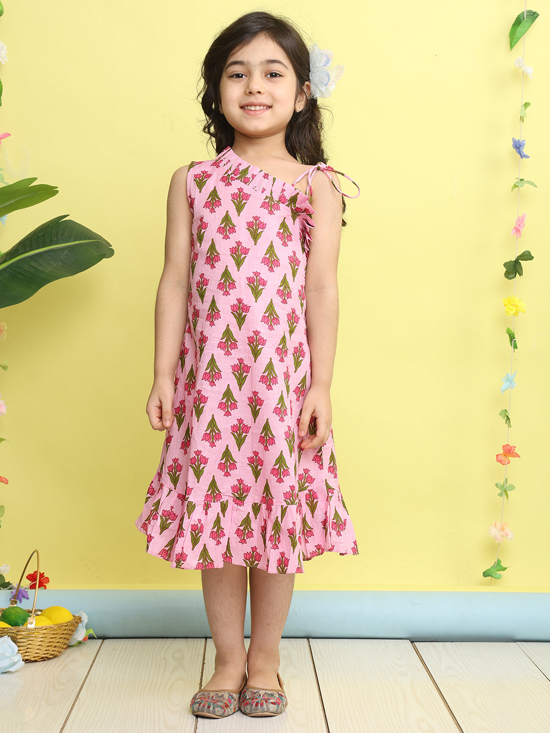 Pink cotton floral printed sleeveless one shoulder dress