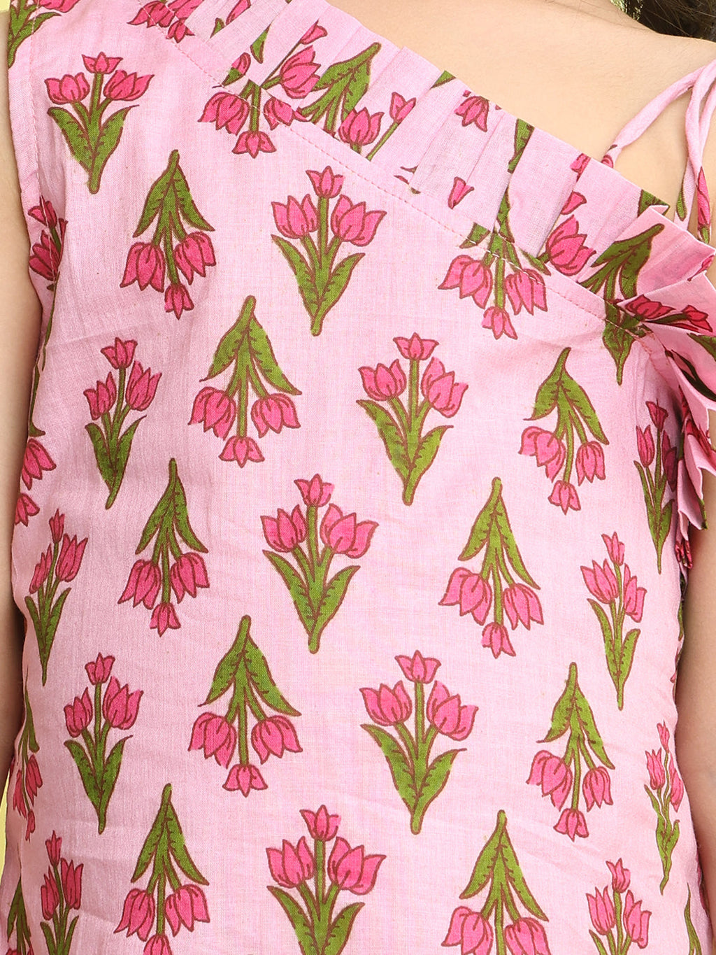 Pink cotton floral printed sleeveless one shoulder dress