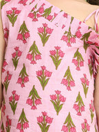 Pink cotton floral printed sleeveless one shoulder dress