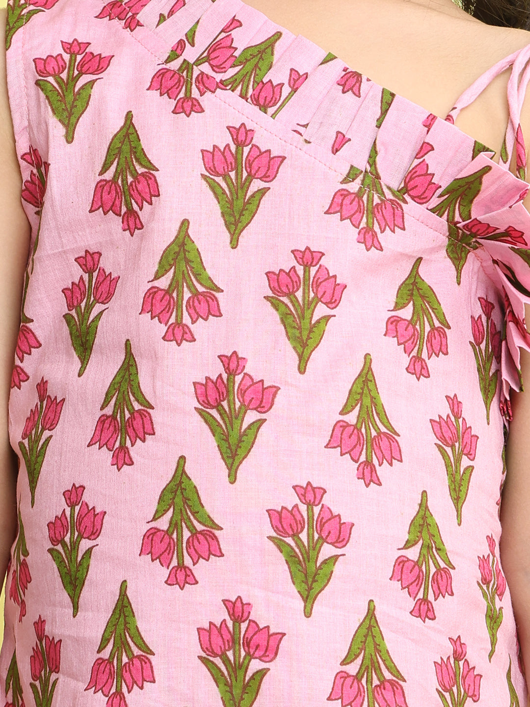 Pink cotton floral printed sleeveless one shoulder dress