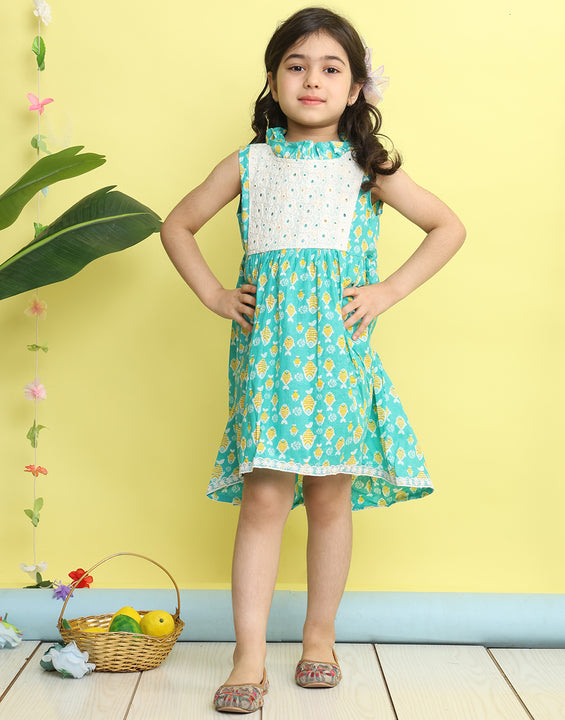 Green cotton fish printed with hakoba patch dress