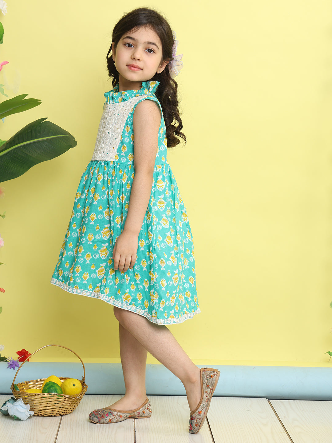 Green cotton fish printed with hakoba patch dress