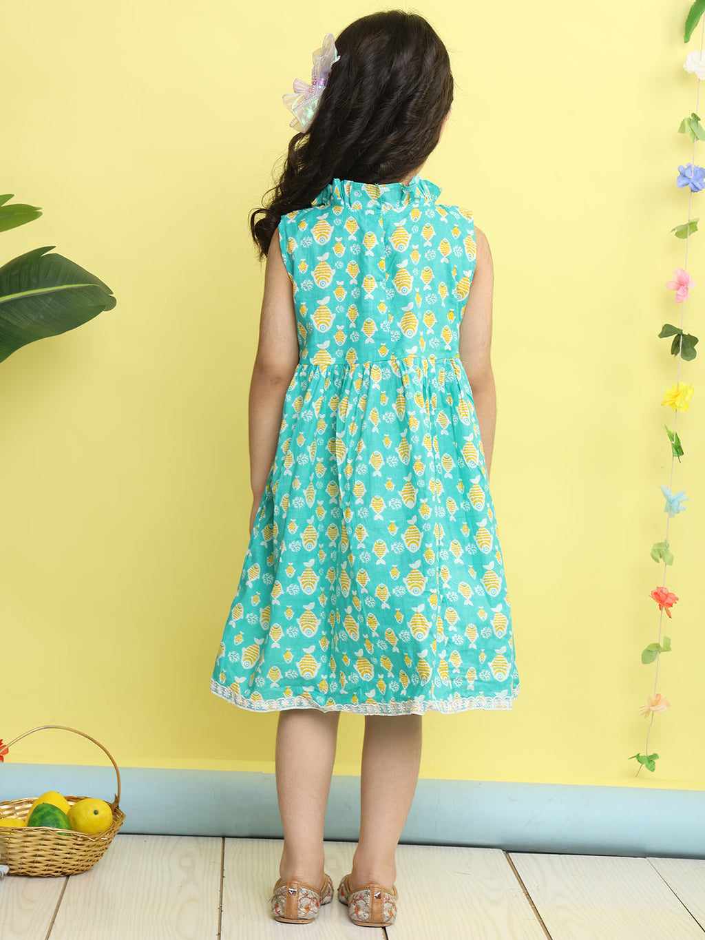 Green cotton fish printed with hakoba patch dress