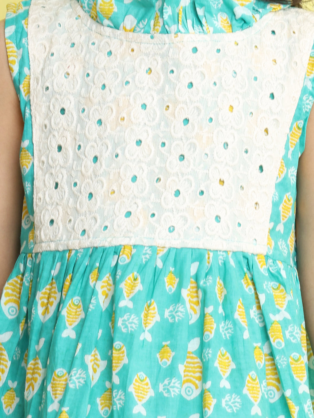 Green cotton fish printed with hakoba patch dress