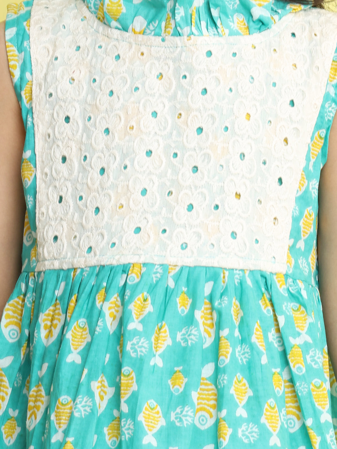 Green cotton fish printed with hakoba patch dress
