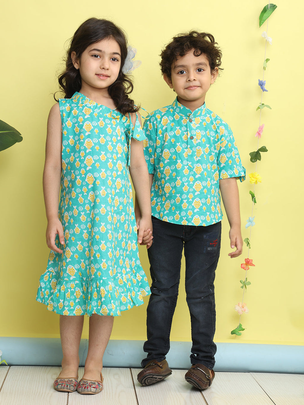 Green cotton fish printed with hakoba patch dress
