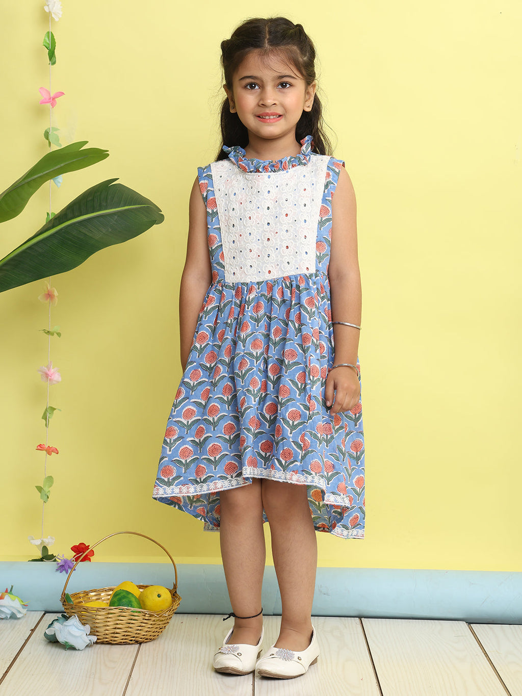 Blue pink floral printed with hakoba patch dress