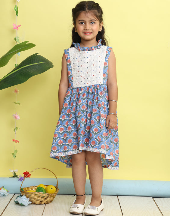 Blue pink floral printed with hakoba patch dress