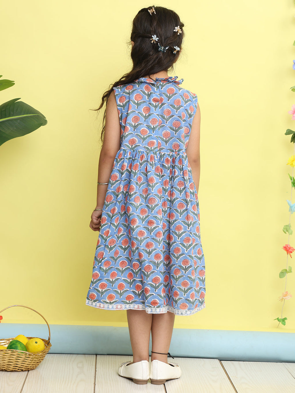 Blue pink floral printed with hakoba patch dress