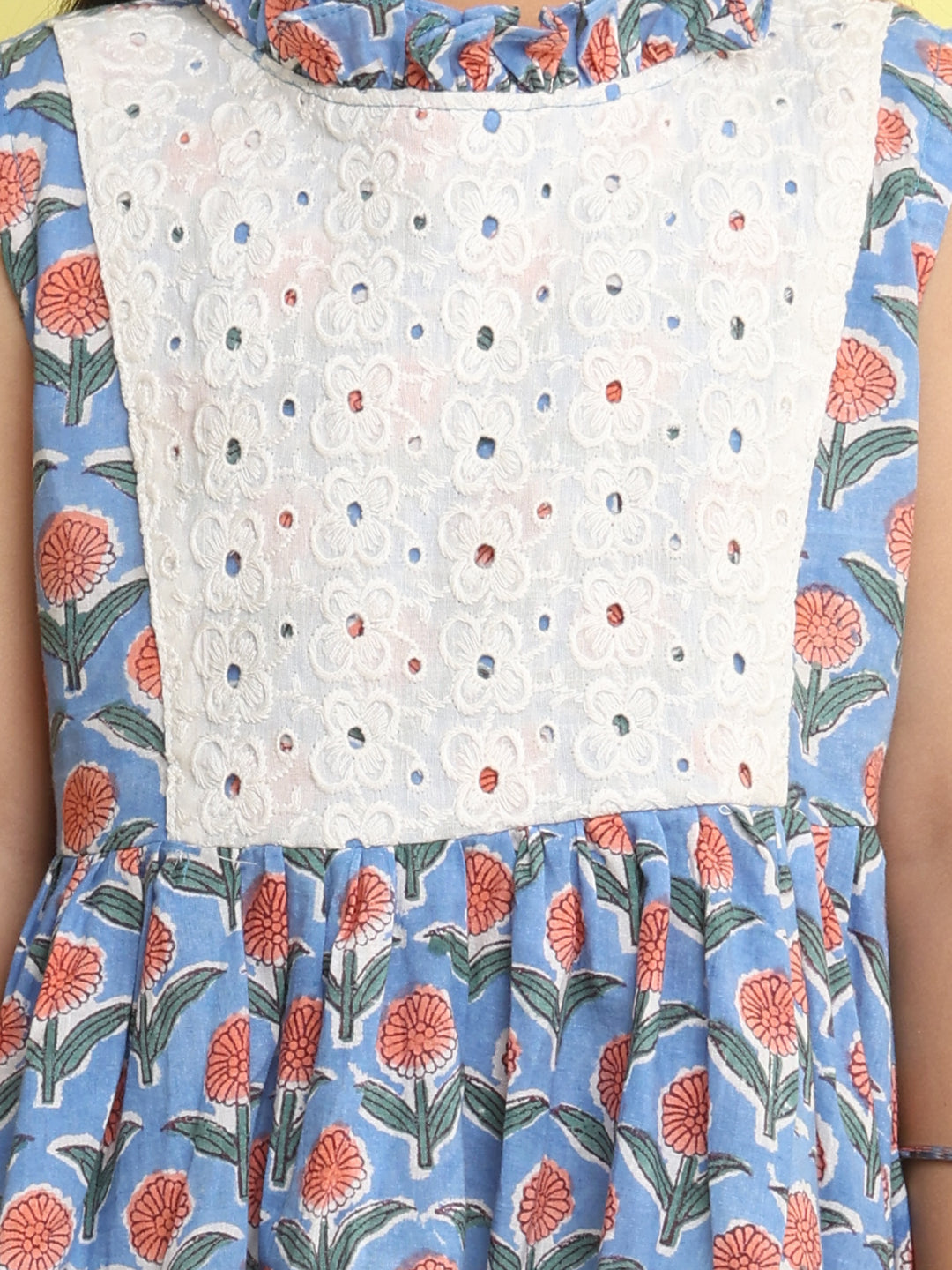 Blue pink floral printed with hakoba patch dress