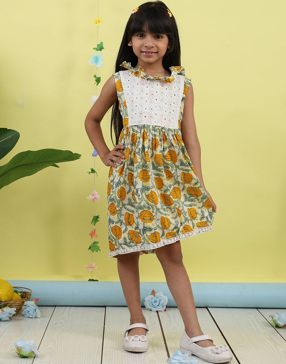 Yellow cotton floral printed with hakoba patch dress