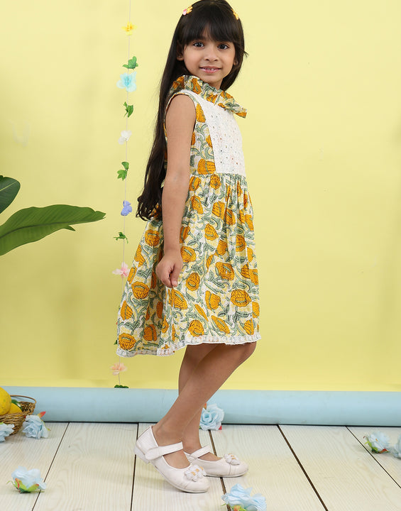 Yellow cotton floral printed with hakoba patch dress