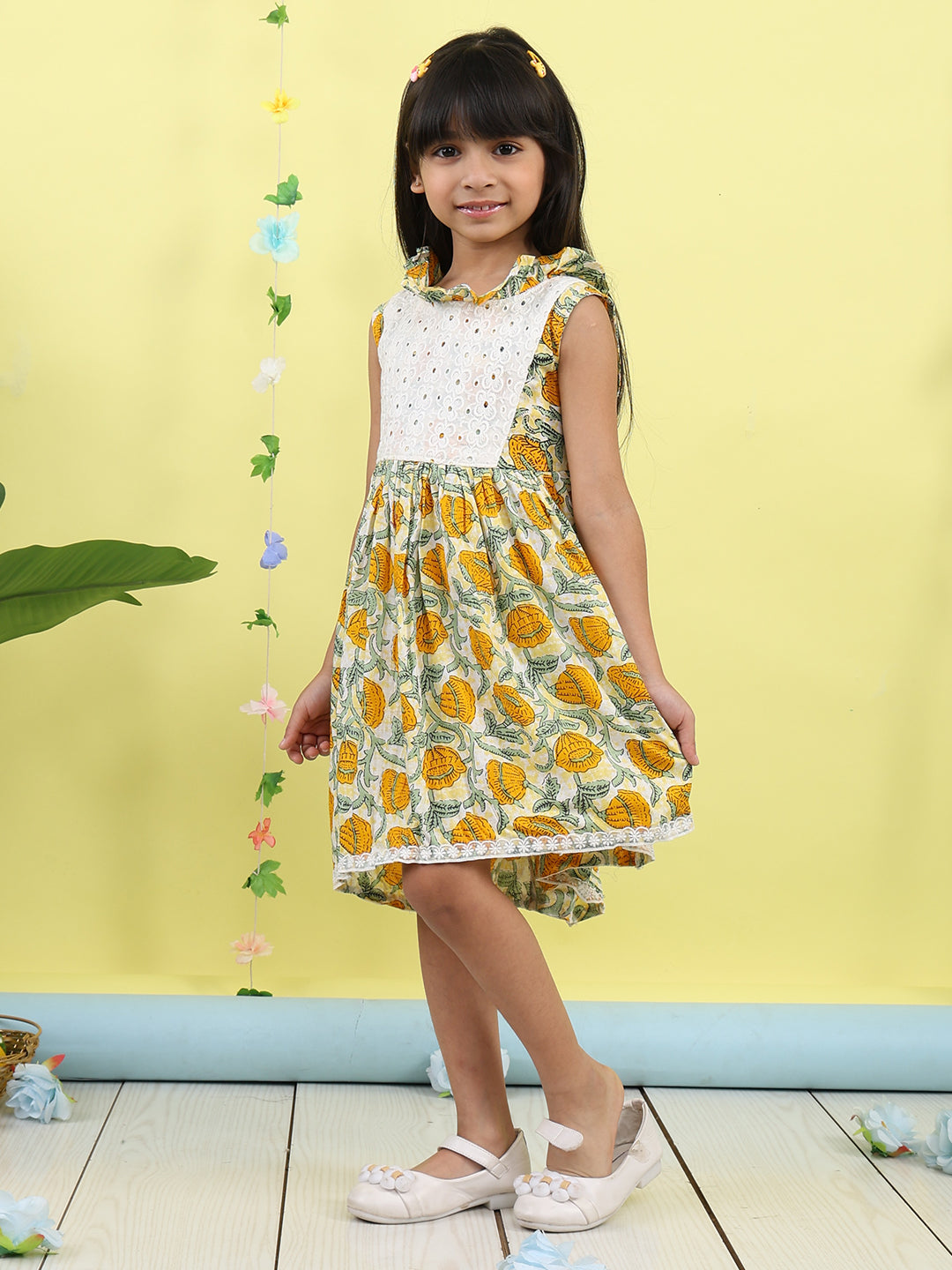 Yellow cotton floral printed with hakoba patch dress