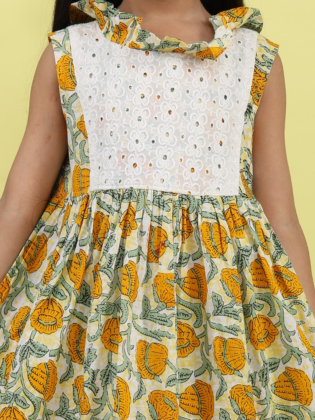Yellow cotton floral printed with hakoba patch dress